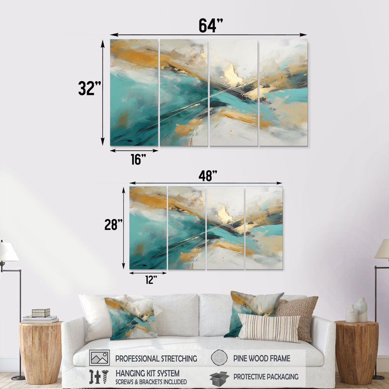 Sudden Awakening Paradise Ocean - Art mural abstrait pour le salon, 4 pièces, H 28 po x l 48 po
