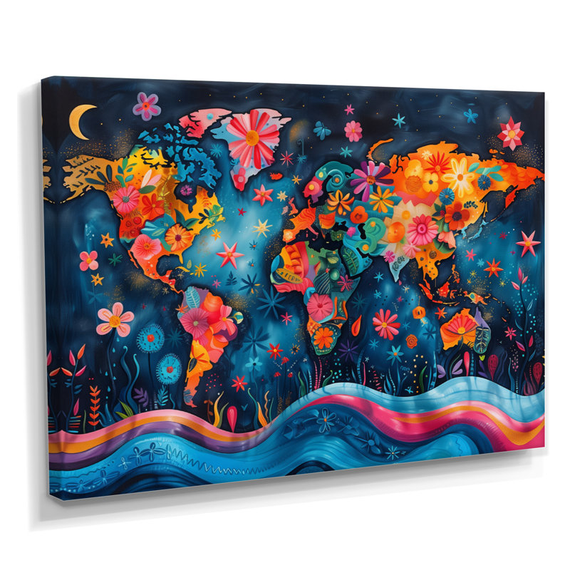 Orange, carte du monde abstrait bleu - carte du monde, art mural salon, H 40 po x l 60 po x P 1,5 po, Toile tendue