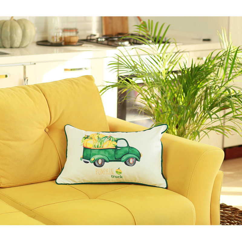 White and Green Pumpkin Truck Lumbar Pillow Cover