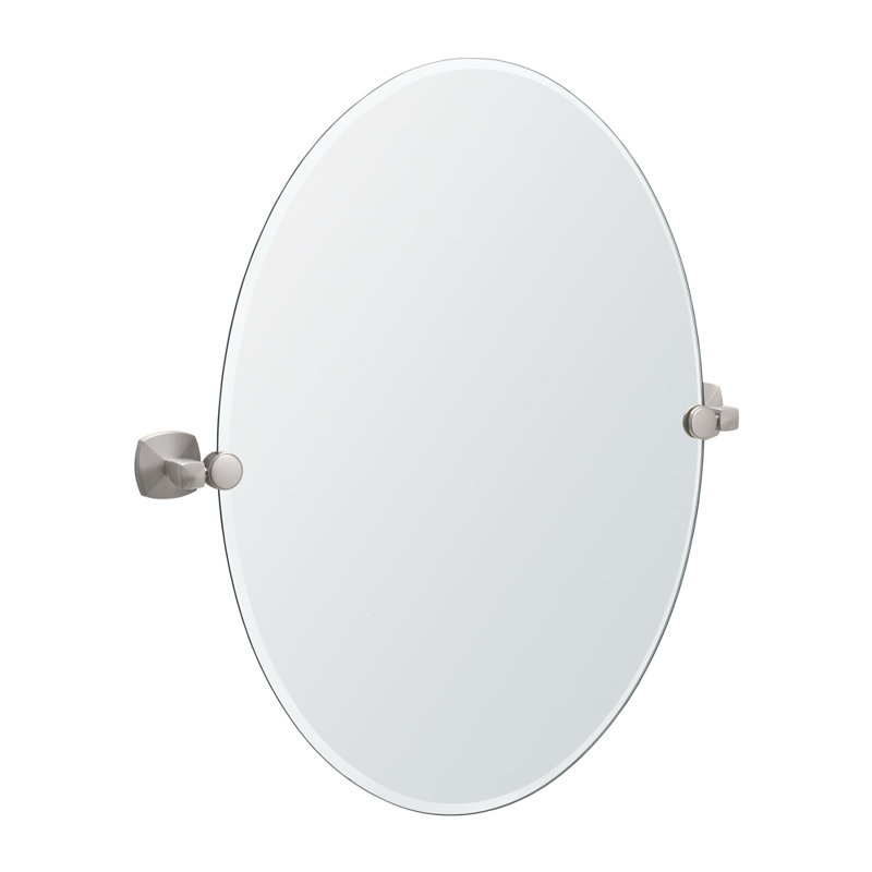 Jewel Wall Mount  Frameless Oval Bathroom Vanity Mirror | Pivots and Beveled Mirror, Satin Nickel