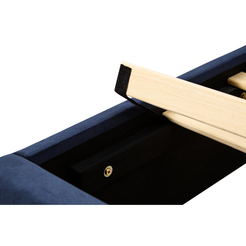 Élégant lit plateforme très grand avec peau - Matériau et lampe - Tissu bleu rétro, King