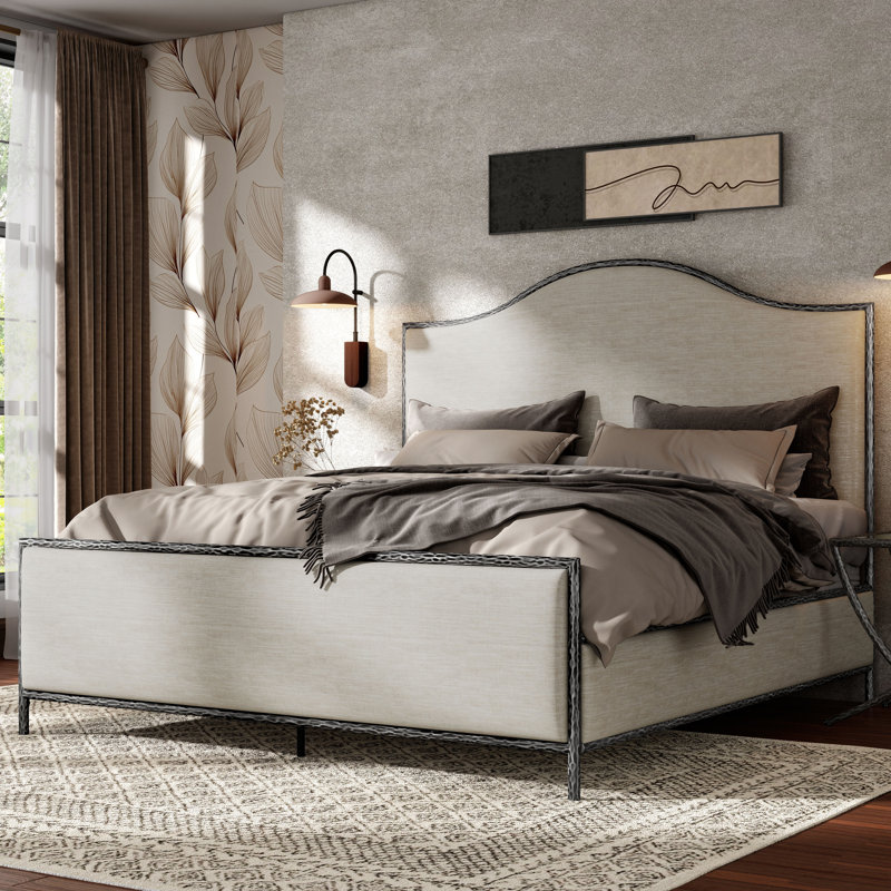 Lalia Modern Upholstered Hammered Metal Camelback Bed, Matte Gray, Queen
