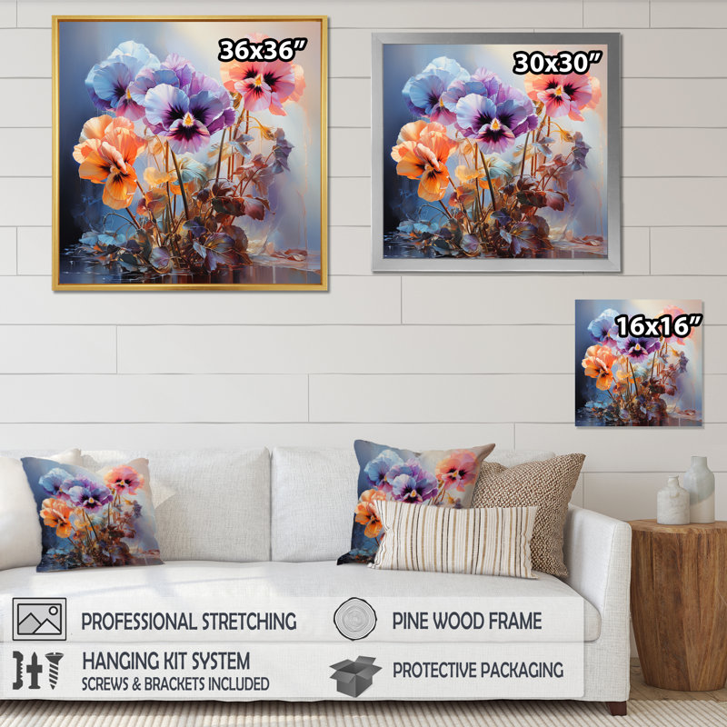 Pensées mauves, impression romantique - art mural floral, salon, H 30 po x l 30 po x P 1 po, Cadre flottant doré