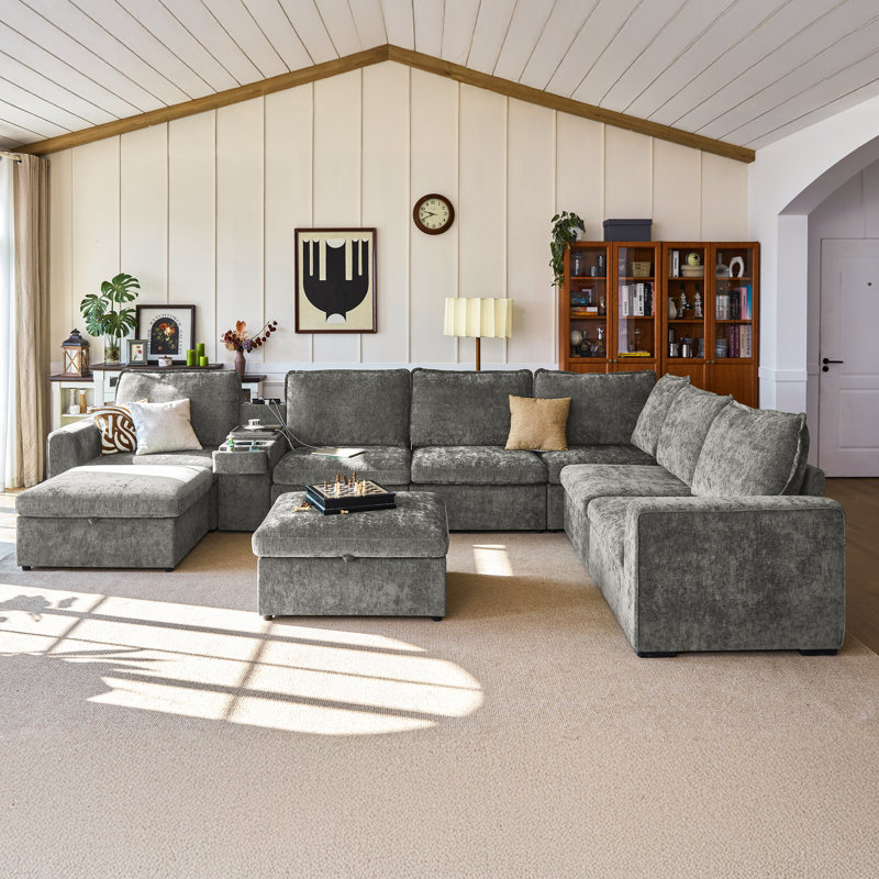 Ensemble de canapé modulaire surdimensionné en U à 8 places en chenille avec console polyvalente, table d'appoint avec porte-gobelet