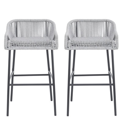 Patio Outdoor Gray Woven Rope Bar Stools   Of Two Persons  A Functional Arrangement For Dining And Social Relaxation, Breathable Design, Stable Metal Basis  a Pair  Seating Garden Poolside Areas,