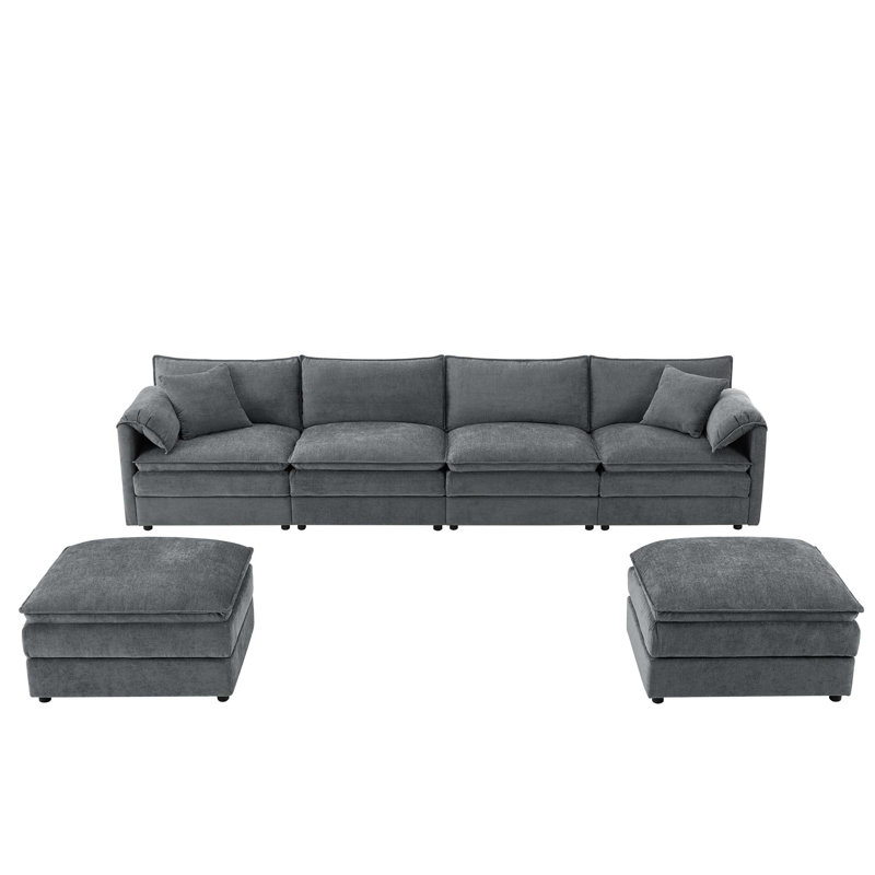 Chenille Modular Sectional Sofa with Deep Seating and Movable Ottomans, Dark Gray Chenille