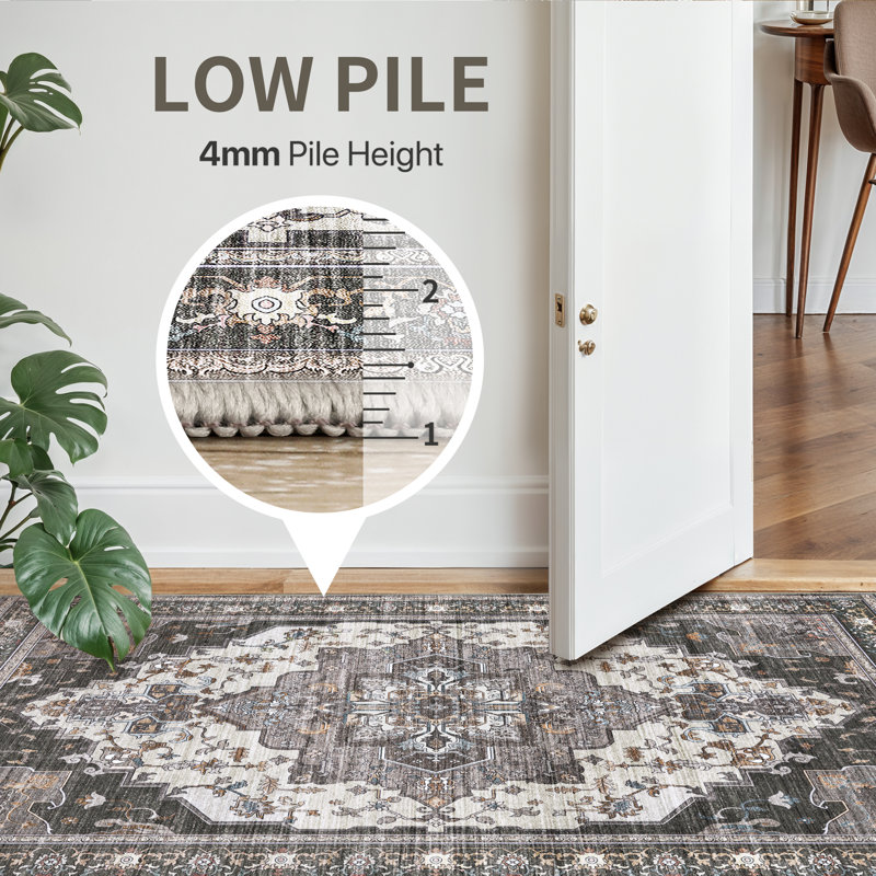 Oriental Area Rug, Vintage Low Pile Non-Slip Machine Washable Area Rug, Black/Grey/Beige, Runner 60 x 120 cm