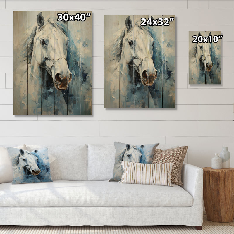 Cheval blanc bleu sérénité révélant le pointillisme II sur bois, H 40 po x l 30 po x P 0,78 po