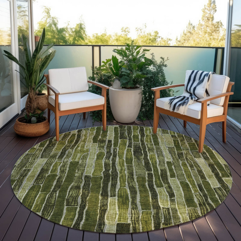 Machine Washable Indoor/Outdoor Christain ACN1305 Olive Rug, Round 8'