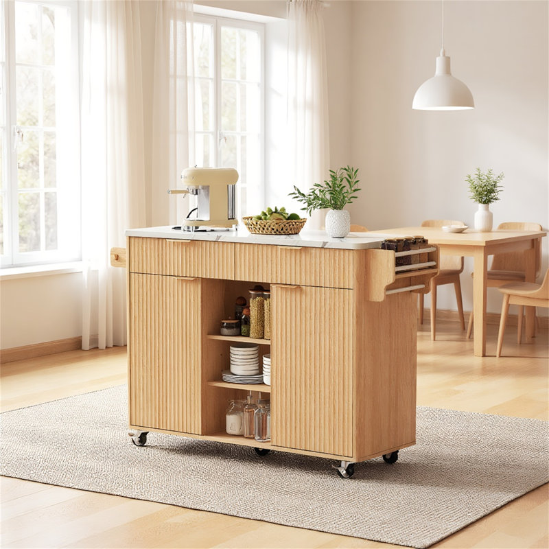 Exquisite Fluted Kitchen Island With Drop Leaf – Stylish Kitchen Storage Cart Featuring Power Outlet, Adjustable Shelves, 2 Doors, And 2 Drawers, Natural