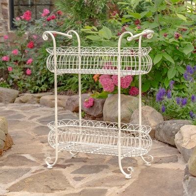 32.28" Tall Two-Tier Metal Oval Basket Plant Stand in Antique White "Stephania"
