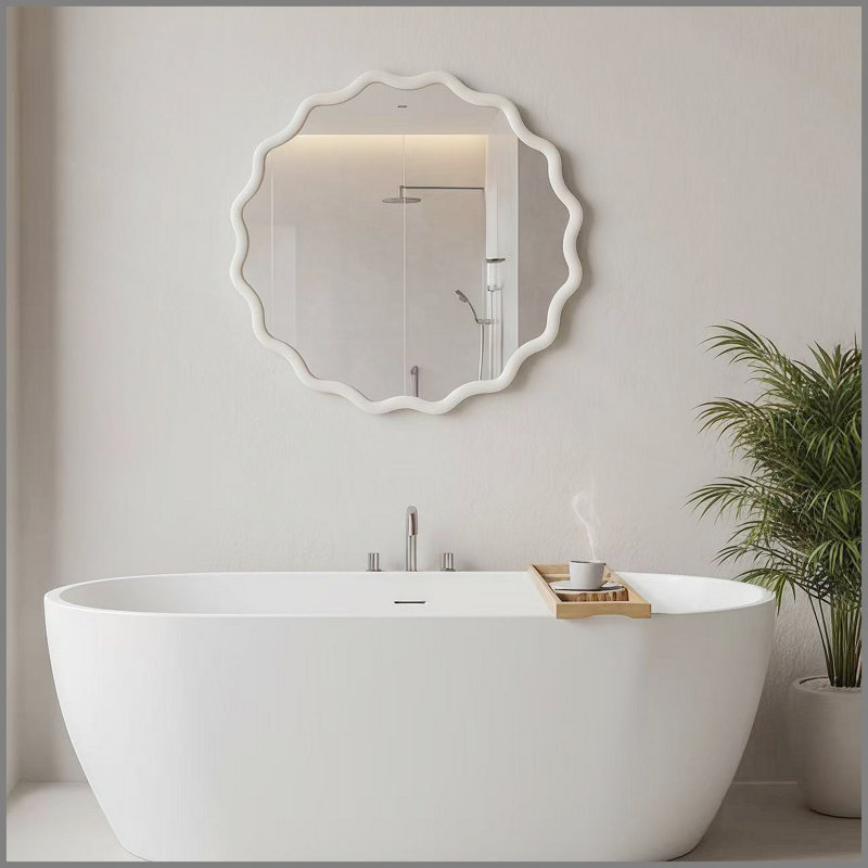 Miroir décoratif rond blanc en bois massif ondulé de 24 pouces, pour chambre à coucher, salle de bain, salon, entrée, White