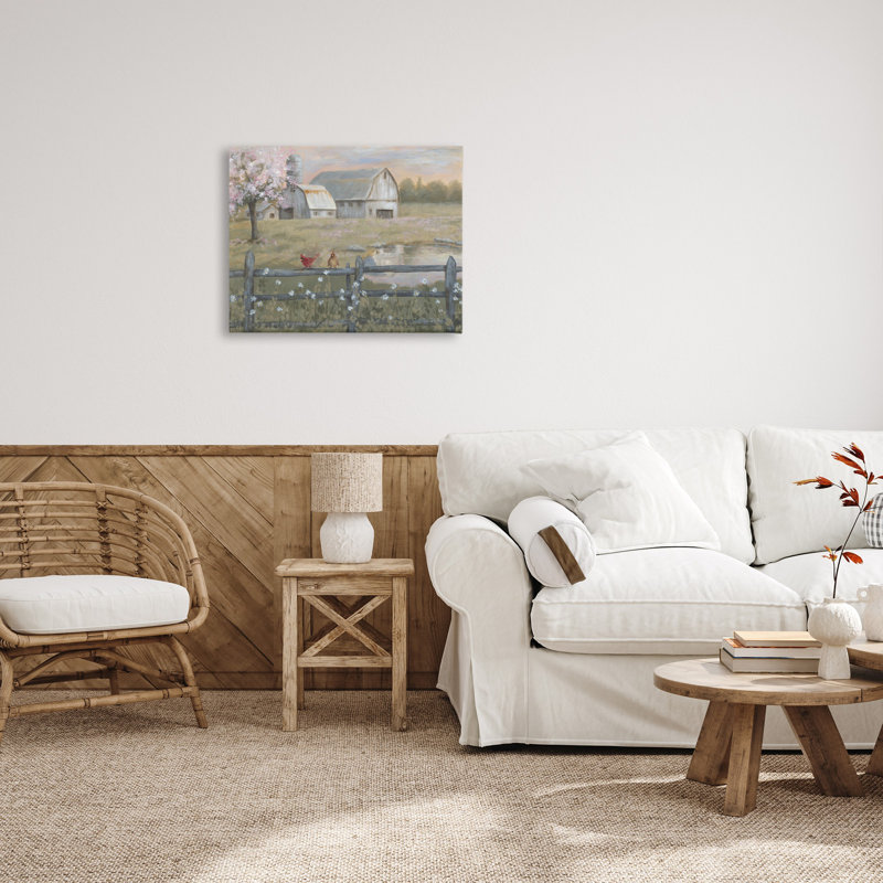 «Blossoming Trees Birds Perché Country Farm Fence», art mural sur toile par Pam Britton, H 24 po x l 30 po x P 1,5 po