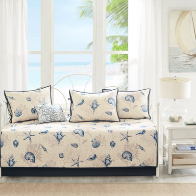 Reversible Daybed Cover , Blue Microfiber Print, 6 For Twin, 17" Drop Cover, 15" , 3 Shams, 1 Decorative Pillow, Coastal Theme Living Room Decor, Machine Washable Pattern, Twin Mattress, Flair Home