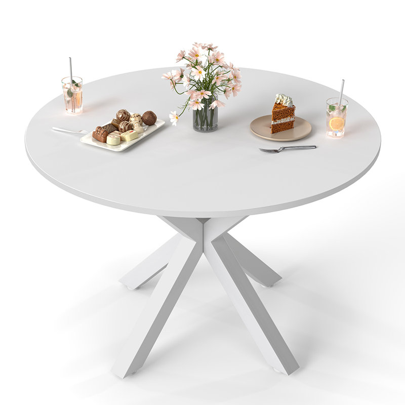 Table de salle à manger 42 "pour 4 à 6 personnes, petite table de cuisine ronde avec pieds croisés en métal, Blanc