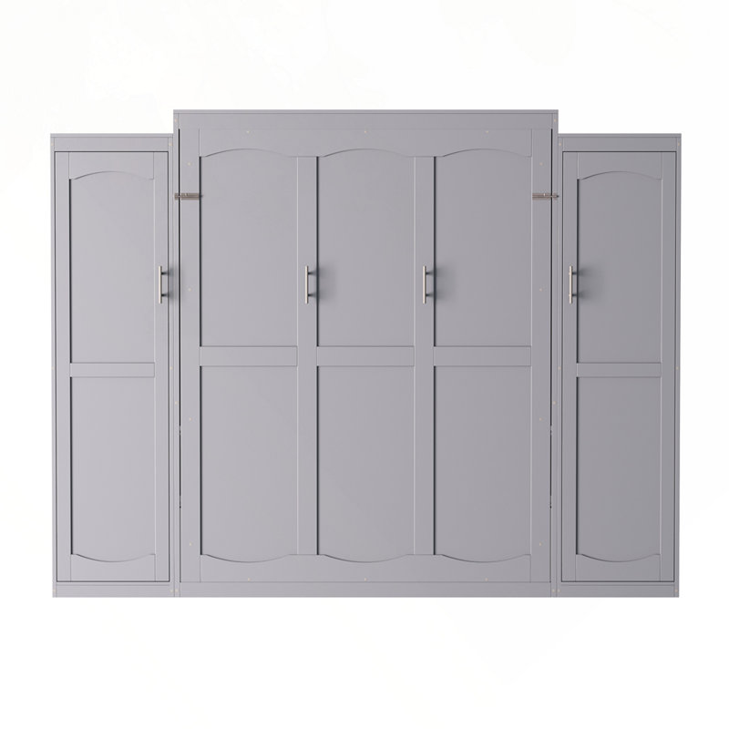 Lit escamotable avec structure en bois massif, armoire escamotable avec 2 armoires et tablettes de rangement, Double, gris