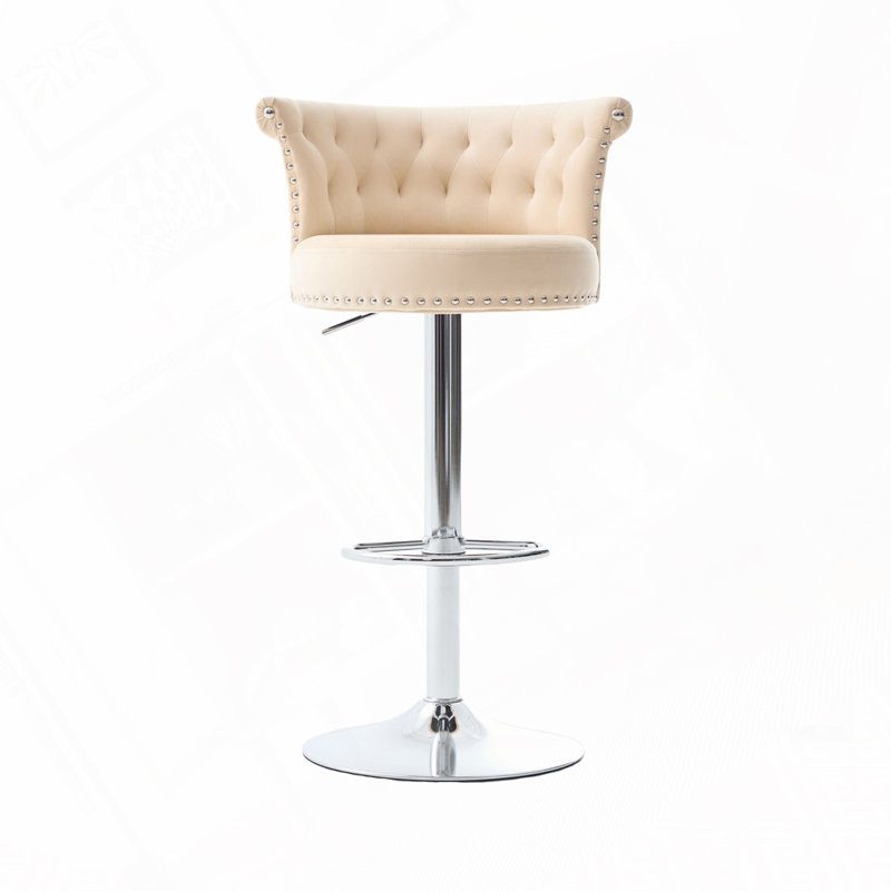 Tabourets de bar réglables pivotants en velours avec pieds en métal plaqué argent, Beige