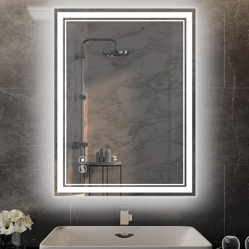 Bathroom Mirror with LED Lights Dimmable 3 Colors LED Bathroom Mirror Fogless LED Mirror for Bathroom Vanity Mirror with Lights Wall Mounted Horizontal/Vertical