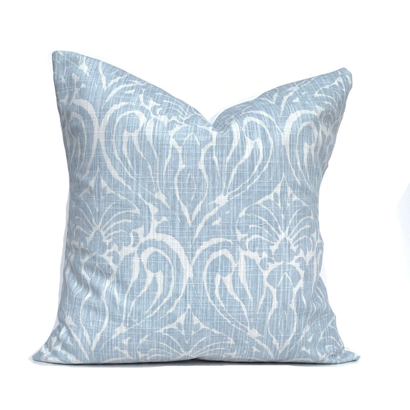 Grey Blue Damask Floral Pillow, 15"H x 15"W