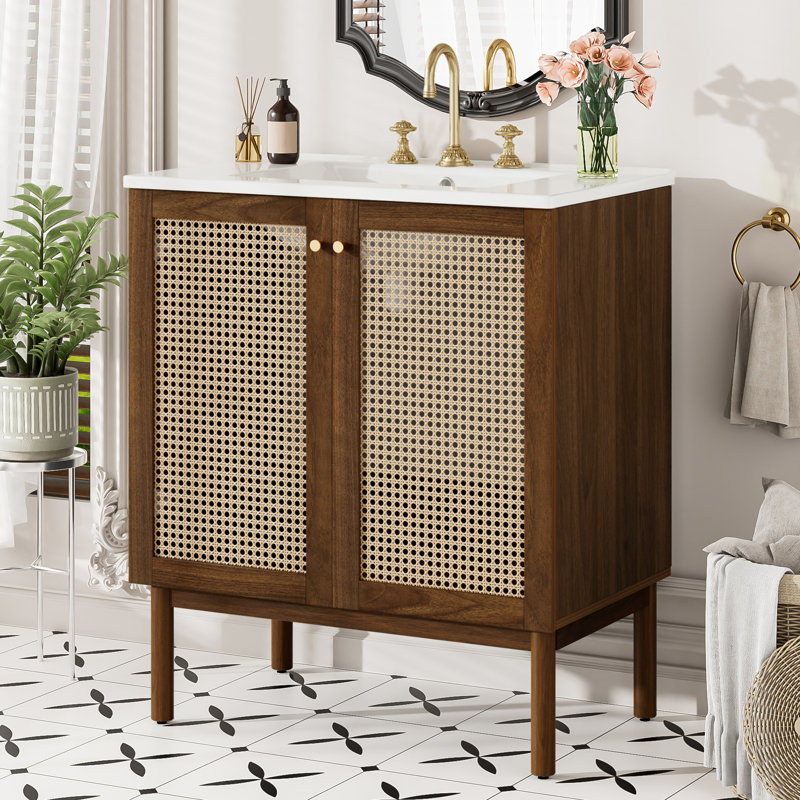 Bristol 30" Freestanding Bathroom Vanity with Handwoven Rattan Doors & Ceramic Sink, Noyer foncé