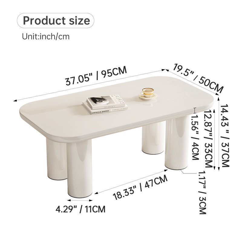 95 cm Cream White Rounded Rectangular Coffee Table, 4-Leg Modern Centre Table for Living Room