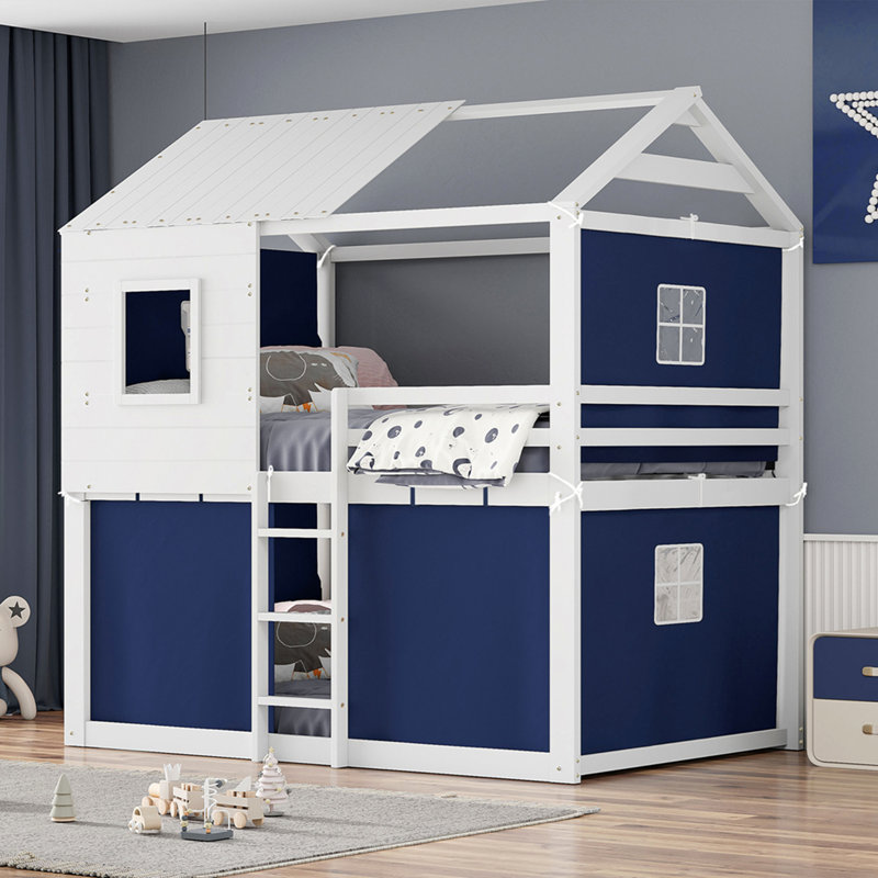 Lit double en bois avec tente, Bleu