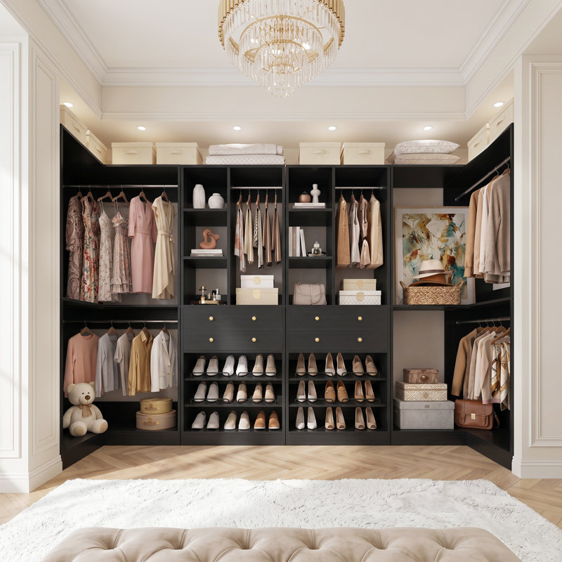 Système d'organisation de garde-robe, organisateur de garde-robe de coin autoportant de 80 po avec tiroirs, étagères à chaussures et tringles de suspension multiples