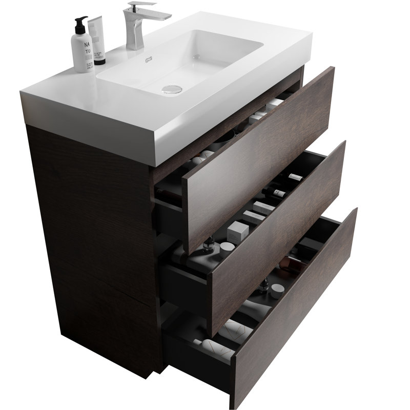 36" Freestanding Vanity - Walnut, White Sink, Composes Of Storage, , Elegant Finish, Modern Bathroom Core Element Large Silent Drawer Runners, Contemporary Style