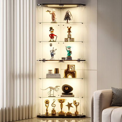 Vitrine d'angle moderne avec éclairage RVB contrôlé par l'application et tablettes en verre - Grande armoire vitrée avec serrure