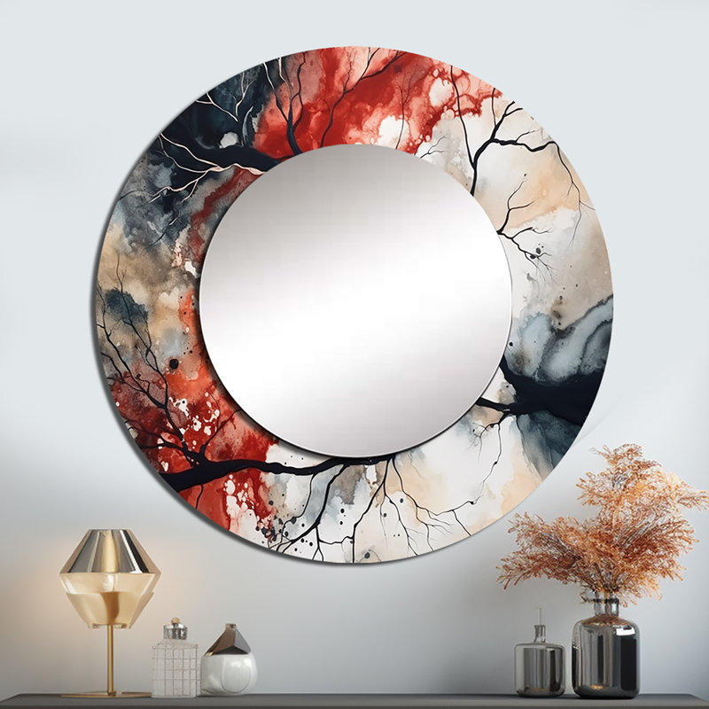 Quamire Red Black Captivating Liquid Ink - Geometric Decorative Mirror, Modern Round Wall Mirror, Printed Metal Art