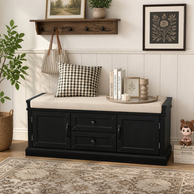 Banc de rangement avec 2 tiroirs et 2 armoires, banc à chaussures avec coussin amovible pour le salon, vestibule
