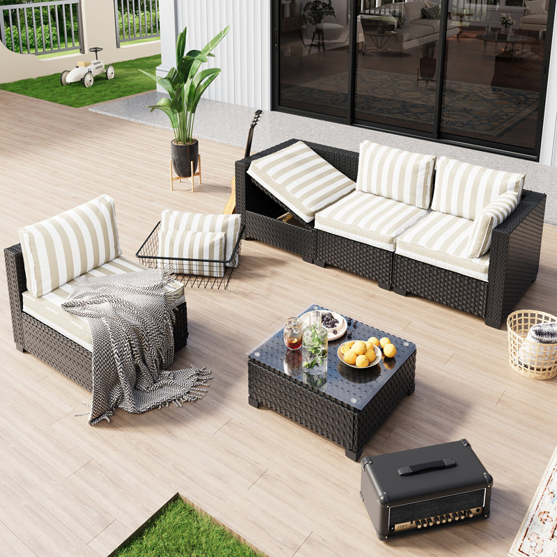 𝗣𝗿𝗲- 𝗮𝘀𝘀𝗲𝗺𝗯𝗹𝗲𝗱 𝗖𝗵𝗮𝗶𝗿𝘀, 4-Person Rattan Patio Furniture Sets Outdoor Sectional Conversation Sofa Group With Waterproof Furniture Cover