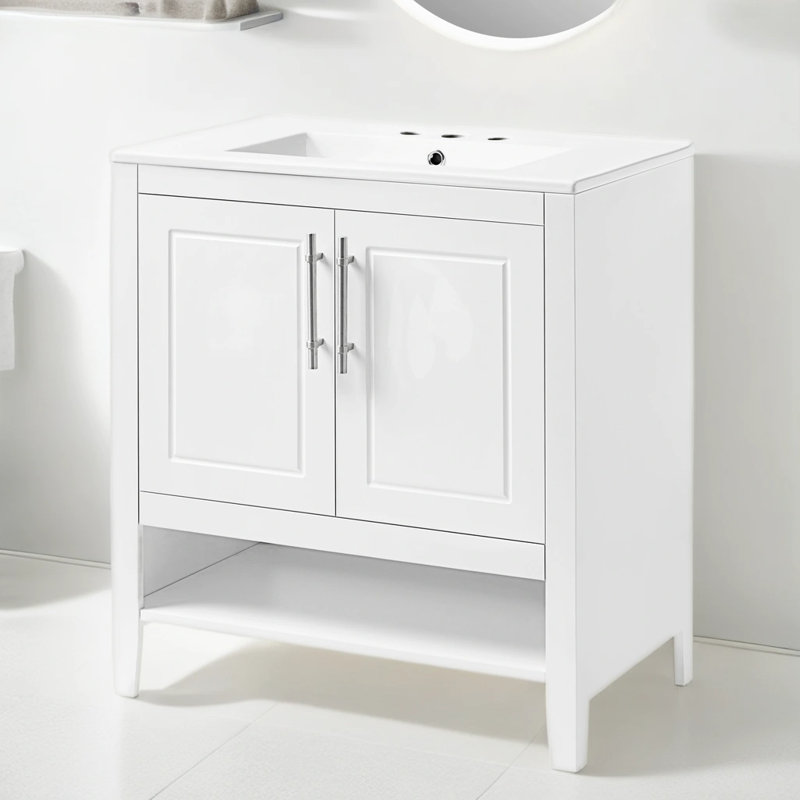 Meuble-lavabo à structure solide de 30 po, panneau de fibres à densité moyenne, lavabo inclus, Blanc
