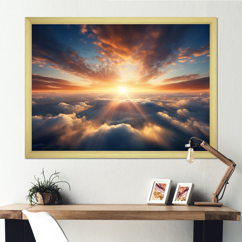 Lever de soleil jaune et bleu sur les rayons de l'espoir I, H 30 po x l 40 po x P 1,5 po, Encadrement doré