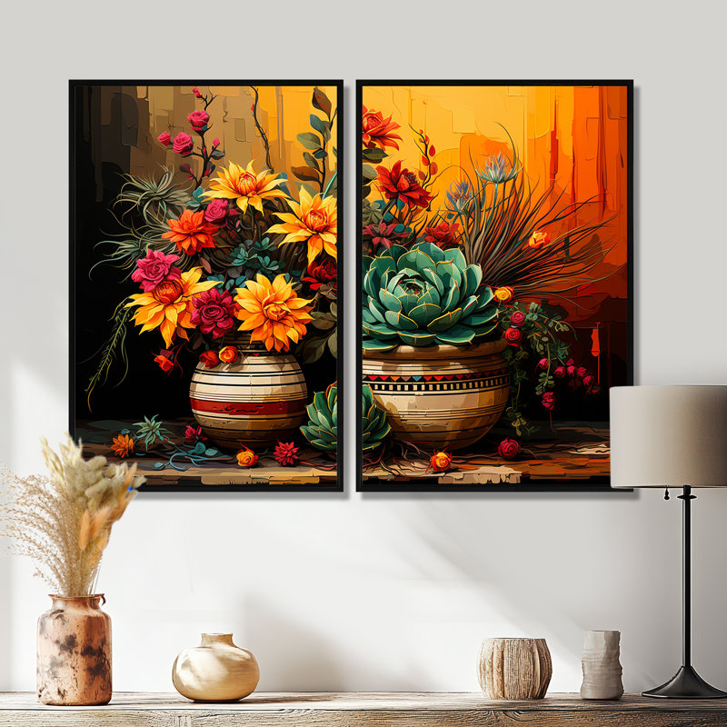 Boho, poterie florale mexicaine - impressions géométriques sur poterie, Black, 36" H x 48" W, Framed Print without Mat