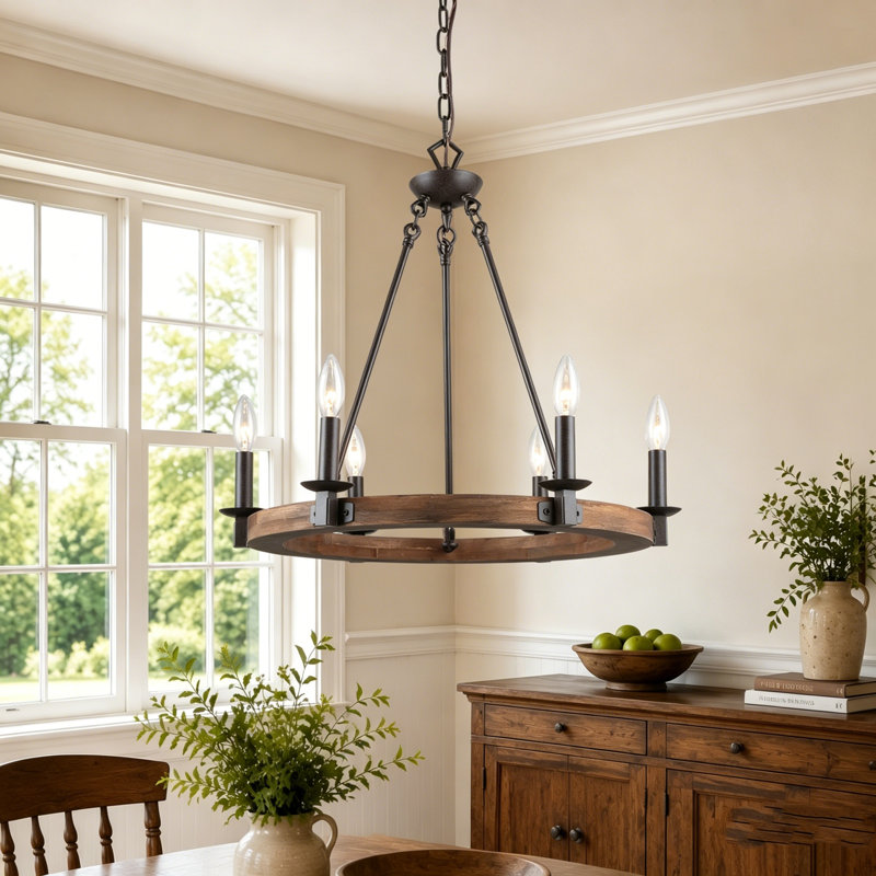 Lustre en roue de chariot à 6 lumières de 23 po de largeur Houghtaling et certifié UL, Bronze et brun