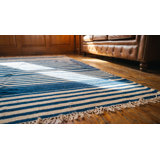 Small Scatter Size Antique Blue White Stripe Pattern Cotton Dhurrie Kilim Rug