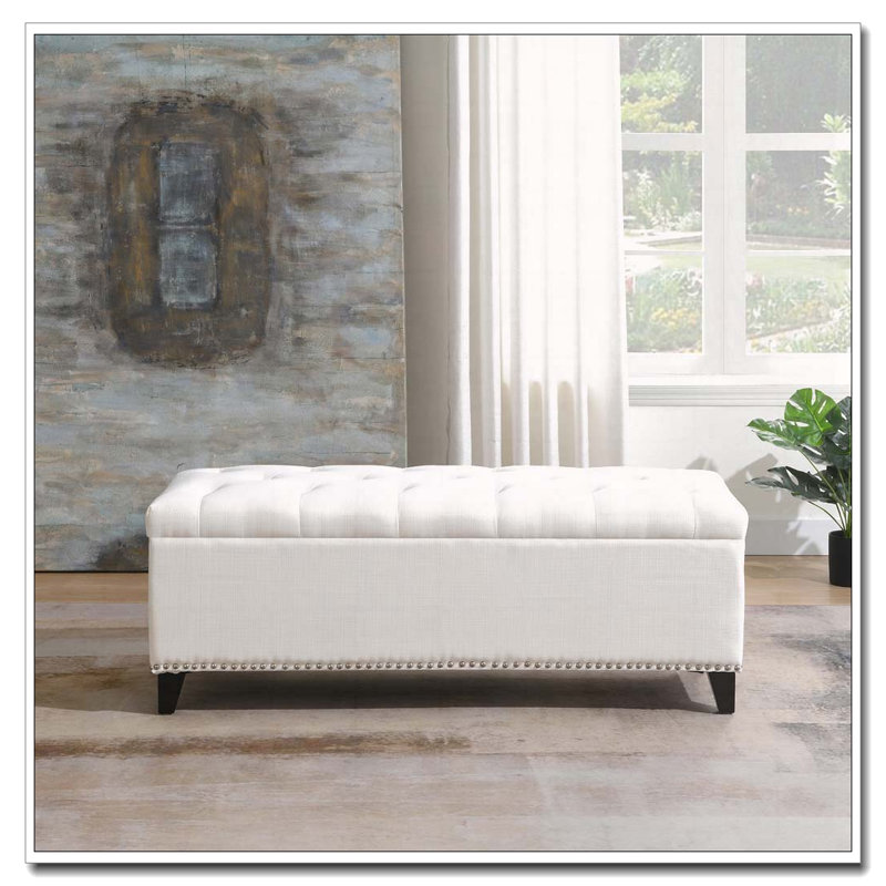 Banc de rangement en lin capitonné, Beige