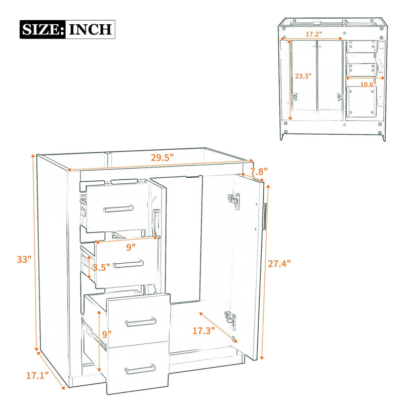 Ensemble de meuble-lavabo autoportant avec cadre en bois massif 30 po, 3 tiroirs et portes à fermeture douce