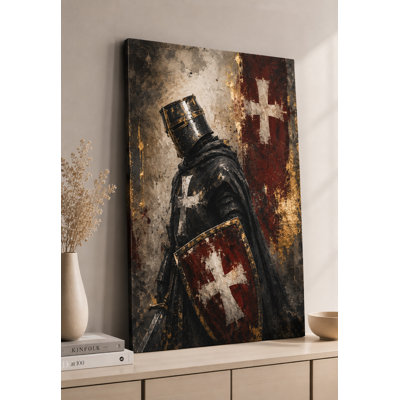 Grand chevalier médiéval, reproduction d'art sur toile 24 x 36 pouces croisée, décor du patrimoine templier, œuvre d'art pour le salon de bureau, décor à la maison historique - prêt à être accroché