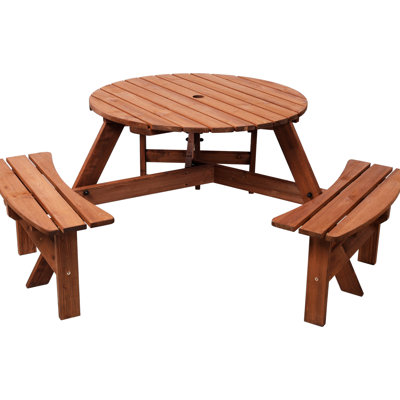 Table de pique-nique ronde en bois pour l'extérieur, capacité de 6 personnes, 3 bancs encastrés, trou pour parasol, plateau de table de 35 pouces, bords arrondis lisses et table à craqueler pour la cour arrière, coffre-fort, brun