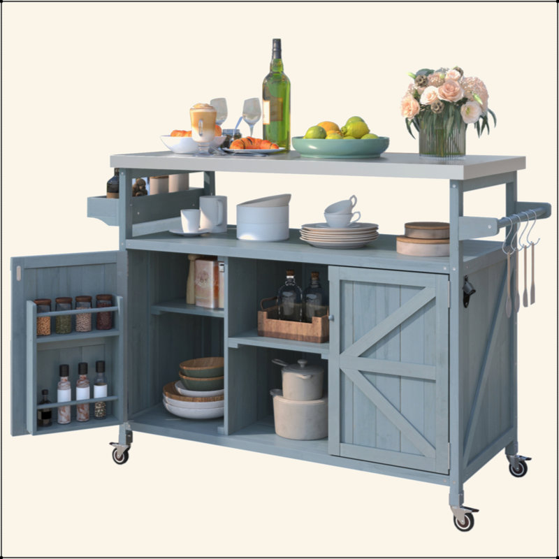 Outdoor Kitchen Island, Rolling Bar Cart & Storage Cabinet, Farmhouse Solid Wood Outdoor Grill Table With Stainless Steel Top, Spice Rack , Towel Rack For Kitchen & BBQ