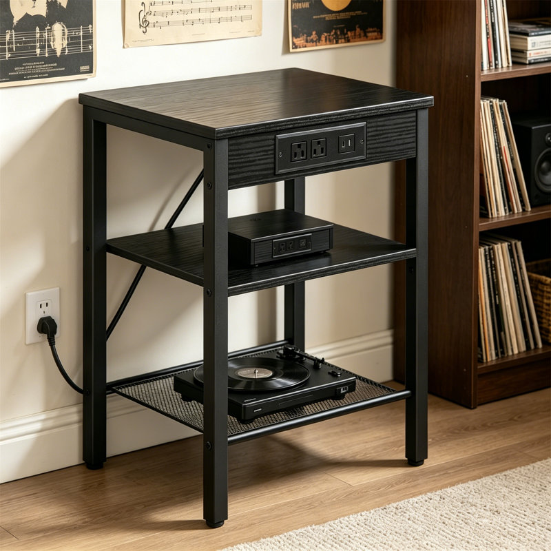 Table d'appoint avec station de charge, table de chevet à 3 niveaux avec tablette réglable, noir