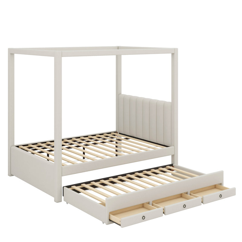 Lit plateforme élégant avec lit gigogne et 3 tiroirs de rangement, Lit double