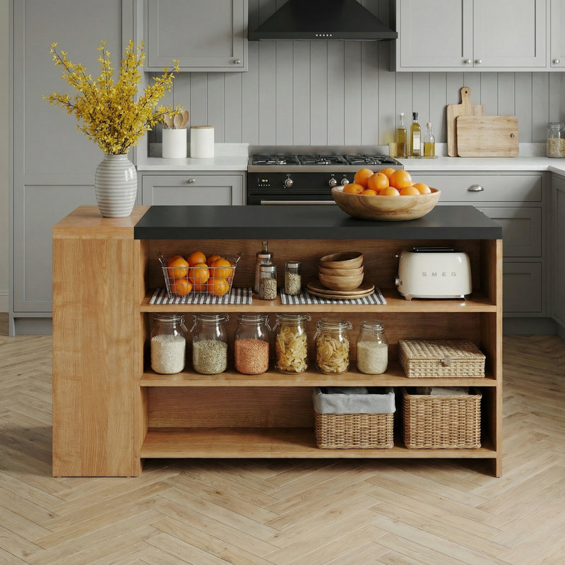 55" Farmhouse Kitchen Island with Storage,  Wooden Stationary Center Island Table with 5 Shelves and Large Worktop for Kitchen