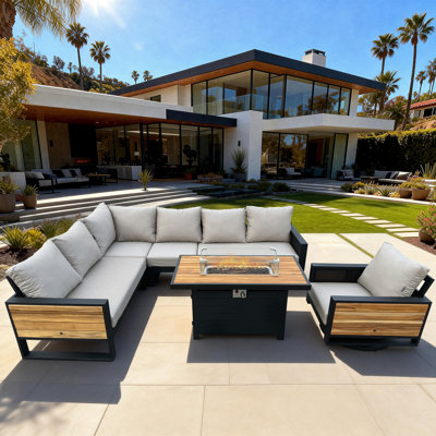 Busby 6-Piece Black Aluminum Outdoor Patio Fire Pit Deep Sectional Seating Set with Cast Ash Cushions