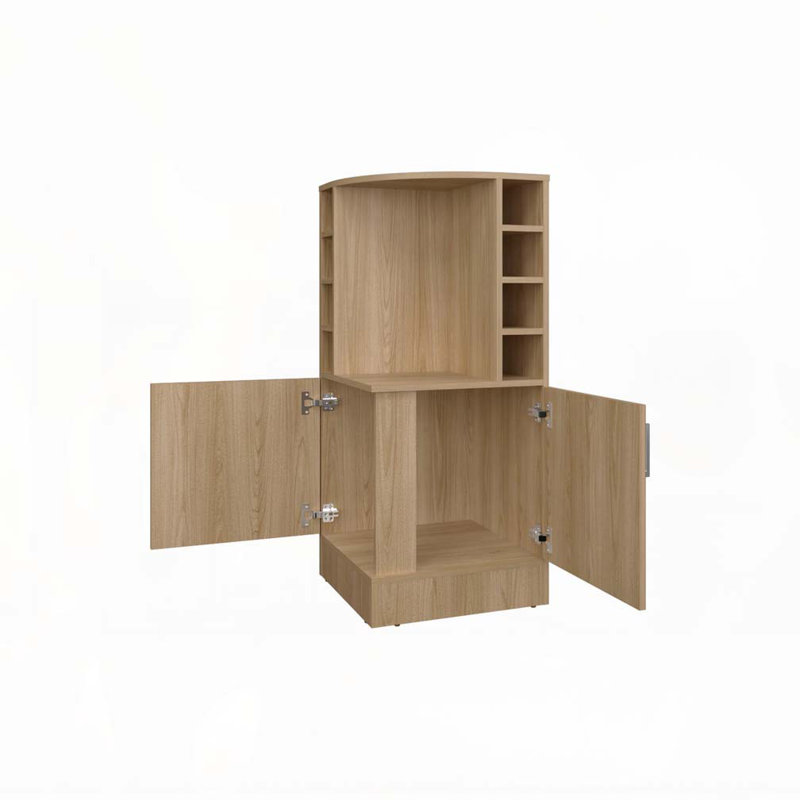 Bar en chêne naturel avec porte-bouteilles et tablette ouverte, Bois naturel