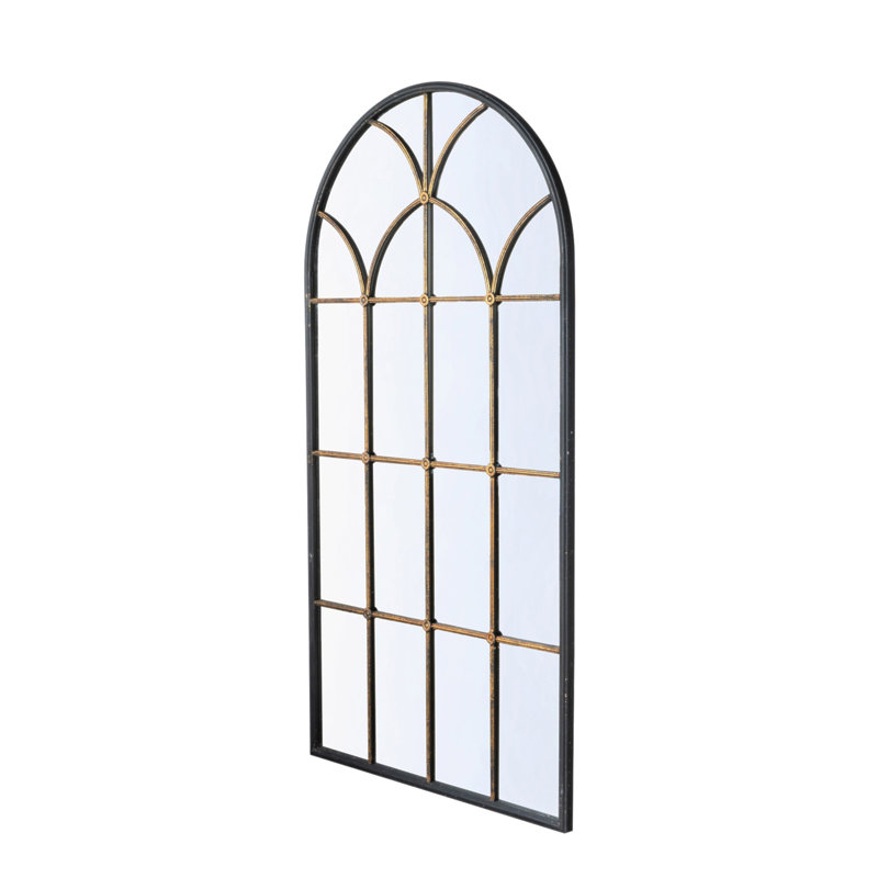 34X65.5" Arched Full-Length Mirror With Black And Gold Windowpane Design, 65.5" x 34"