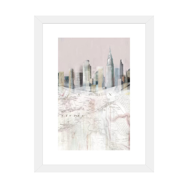 «Blush Manhattan Map II» par Isabelle Z - impression d'art graphique, Blanc, Papier encadré blanc, H 24 po x l 16 po x P 1 po