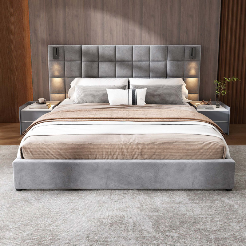Lit tapissier en velours avec tête de lit large, lampe de lecture et port USB, Très grand